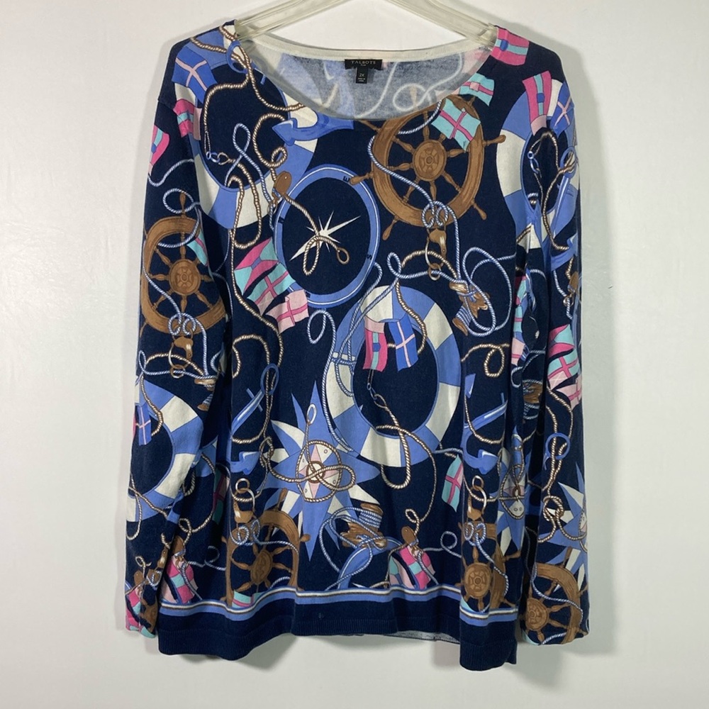 Talbots Sweater Women Size 2X Anchor Printed Pullover Soft Round Neck